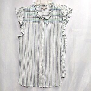 Loft Womens Med Lightweight Button Blouse Smocked Short Ruffle Flutter Sleeves